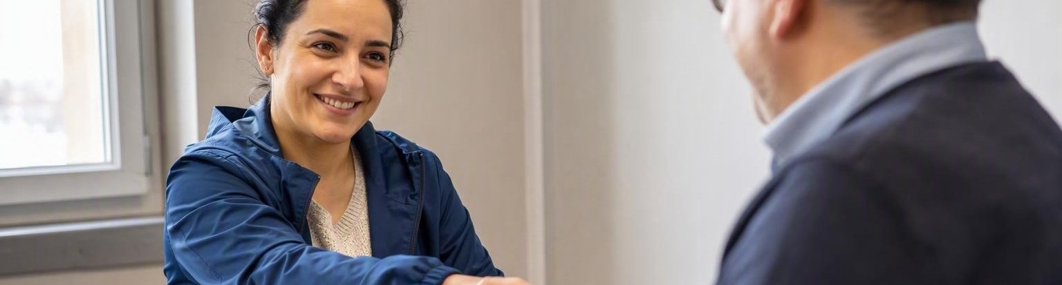 Une médiatrice et un responsable concluent un accord dans un bureau