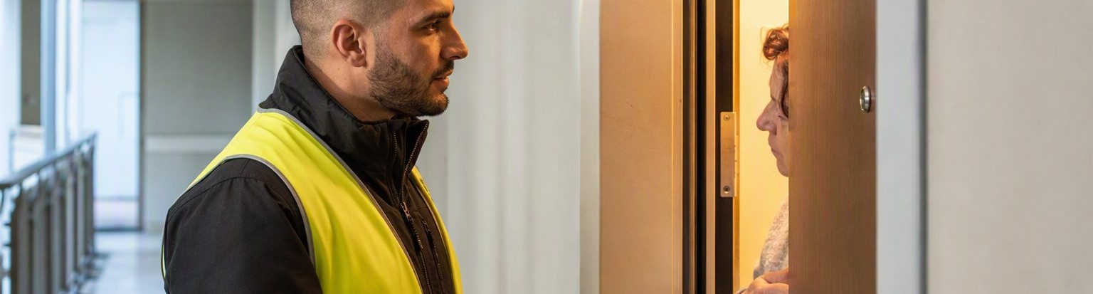 Un médiateur Promévil en porte-à-porte dans une résidence