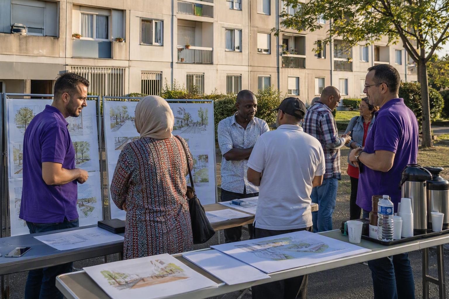 Stand de concertation au pied d'un immeuble : panneaux, documents et discussions entre habitants et animateurs