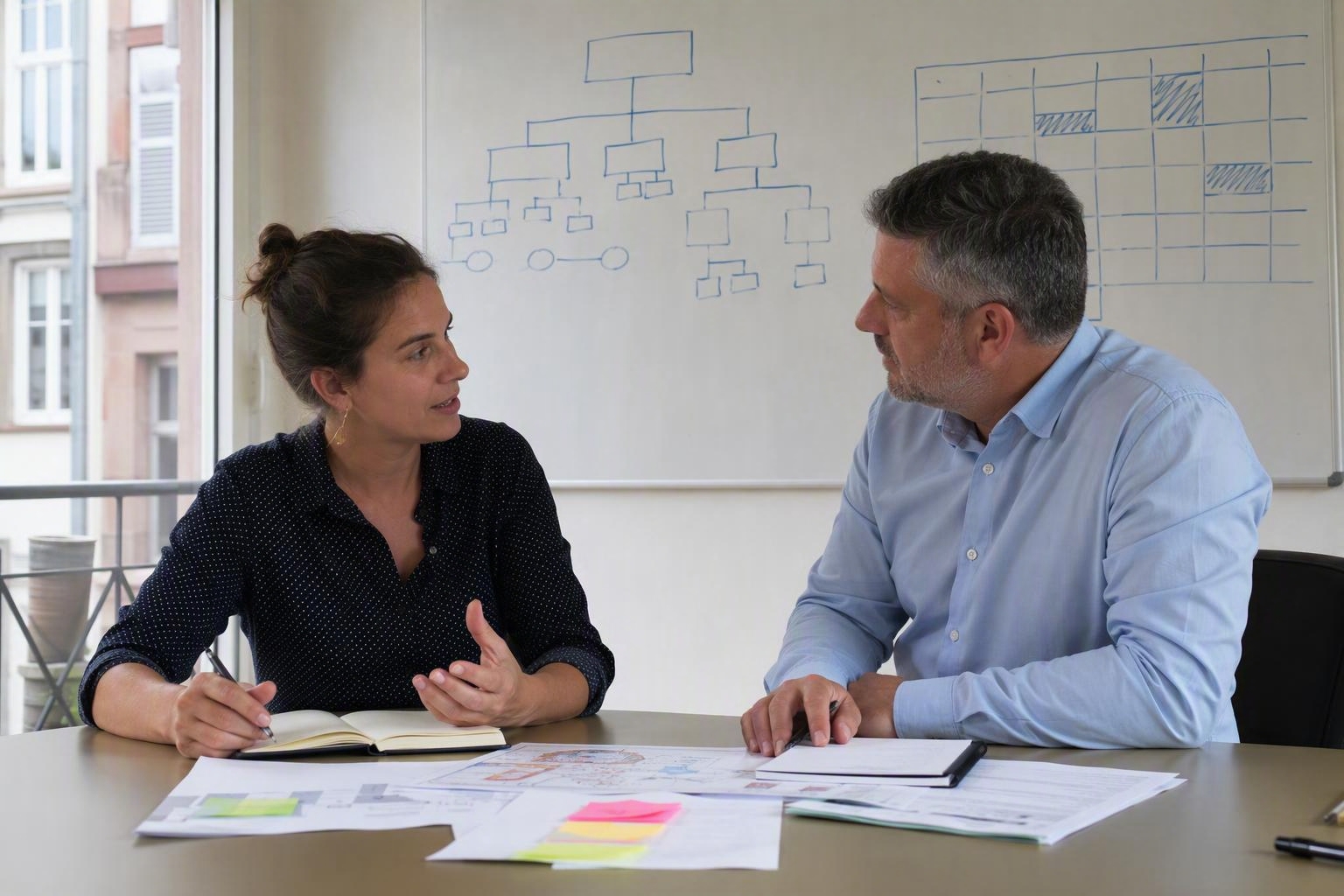 Un expert Promévil et son client conçoivent un dispositif devant un tableau blanc