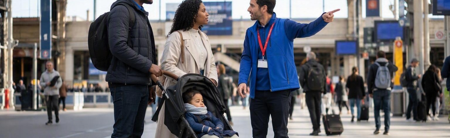Un médiateur Promévil oriente une famille dans un hall de gare