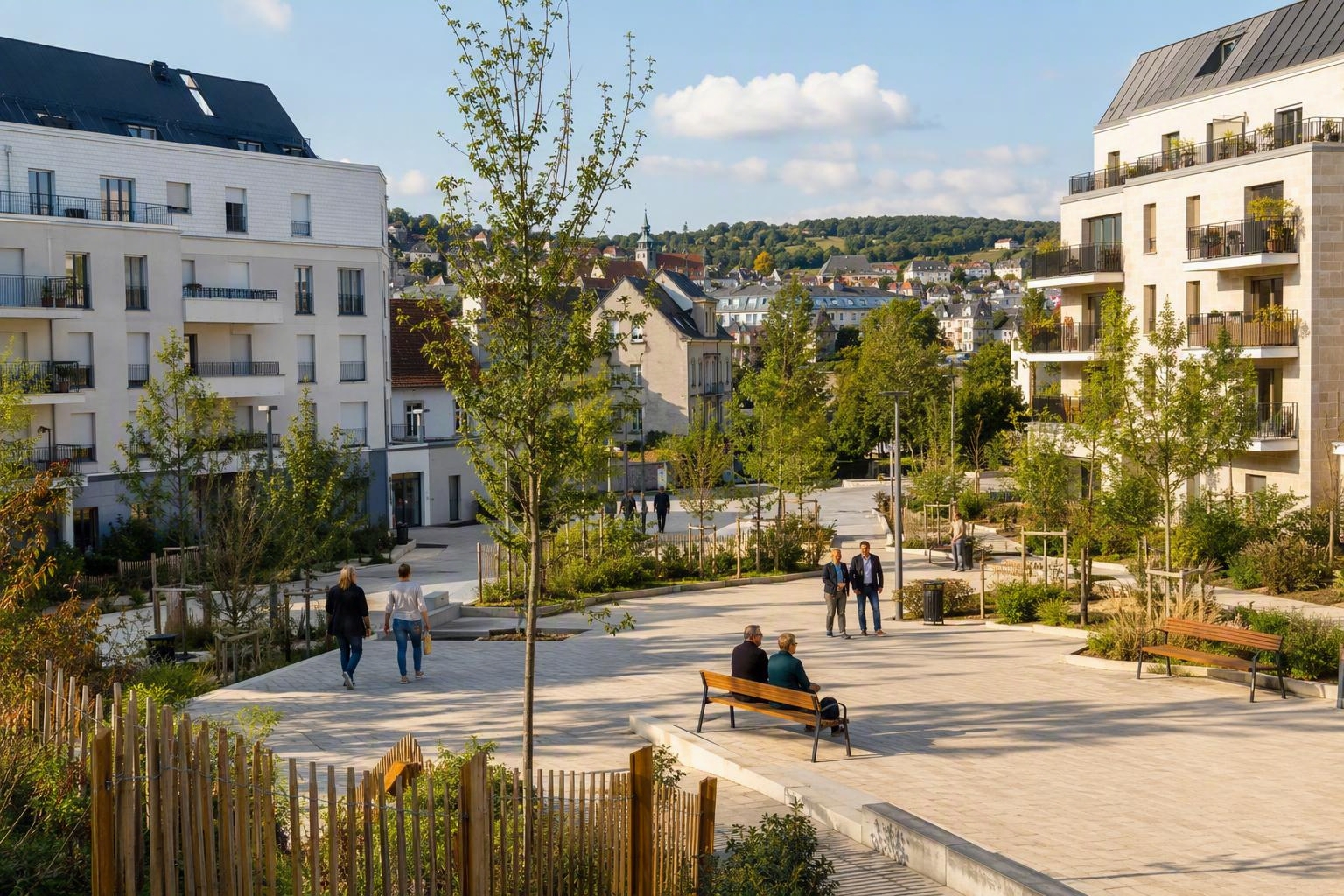 Place rénovée d'un quartier résidentiel, habitants de toutes générations